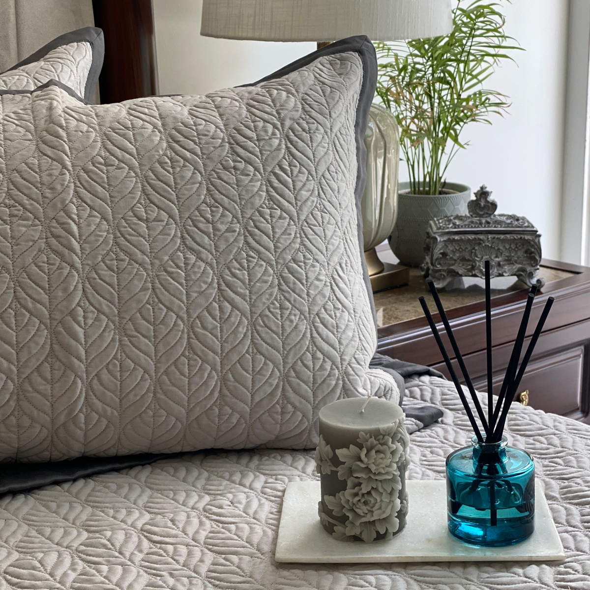 Dark Grey & Grey Leafage Reversible Bedspread | Sadyaska Store