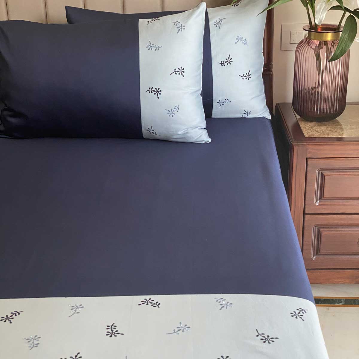 Daisy Smoke Blue and Navy Embroidered Bedsheet | Sadyaska Store